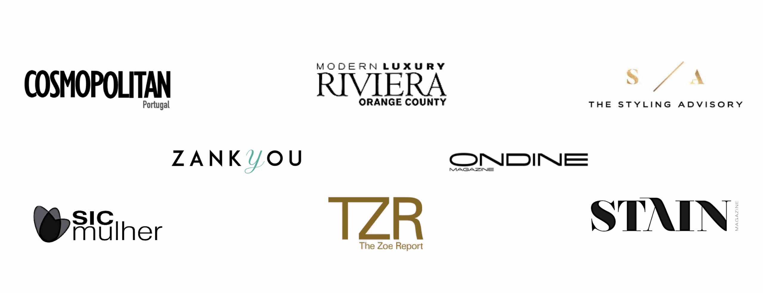 Press and publication logos featuring Cosmopolitan Portugal, Modern Luxury Riviera Orange County, The Styling Advisory, SIC Mulher, Zankyou, The Zoe Report, Ondine, and STAIN’d, highlighting Raquel Macias' media features and brand recognition.